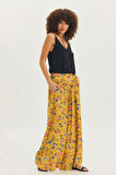 Desenli Beli Gipeli Salaş Etekli Pantolon Sarı | S/M
