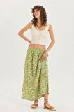 Yandan Yırtmaçlı Beli Lastikli Bohem Midi Boy Etek Yeşil | S/M