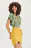 V Yakalı Düşük Kollu Bohem Bluz Yeşil | S