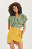V Yakalı Düşük Kollu Bohem Bluz Yeşil | S