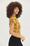 V Yakalı Düşük Kollu Bohem Bluz Sarı | S