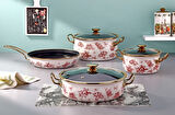 BONERA LİLİUM EMAYE 7 PCS PEMBE GÜL DESENLİ  GÜVEÇ SET KREM