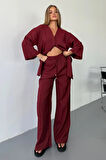 Vena Kadın Cupra Tek Düğme Kimono & Pantolon Bordo Takım – Yazlık Konforlu Şıklık ve Modern Kesim