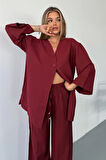 Vena Kadın Cupra Tek Düğme Kimono & Pantolon Bordo Takım – Yazlık Konforlu Şıklık ve Modern Kesim
