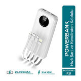 Phixi Basic P21 20000mAh 10W Kendinden Kablolu Şarj Cihazı -  Powerbank - 2 USB Port 4 Kablo Çıkışı - LED Ekran - Taşınabilir Şarj Cihazı