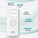 Phixi Basic PW11 10000mAh 10W Kablosuz Şarj Cihazı - Wireless Powerbank - 2 USB Port - LED Gösterge - Taşınabilir Şarj Cihazı