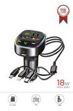 TORİMA G15 Siyah FM Transmitter Araç Şarj Cihazı (18W Hızlı Şarj - USB/Type-C/TF Kart Destekli)