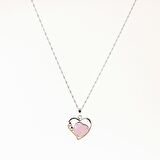 Pembe Kuvars Doğal Taş Kalpli Kolye, Gümüş Zincir