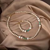 İnci-Amazonit Altın Kaplama Kapama Doğal Taş Takı Seti