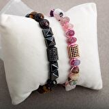 Kaplan Gözü-Pembe Kuvars Doğal Taş Zirkon Çift Bileklik Seti