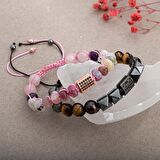 Kaplan Gözü-Pembe Kuvars Doğal Taş Zirkon Çift Bileklik Seti