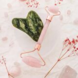 Pembe Kuvars Roller ve Yeşim Kalpli Gua Sha Takımı