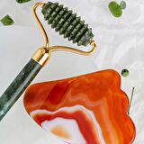Yeşim Tırtıklı Roller ve Kırmızı Akik Kaz Ayağı Gua Sha Takımı