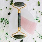 Yeşim Tırtıklı Roller ve Pembe Kuvars Kaz Ayağı Gua Sha Takımı