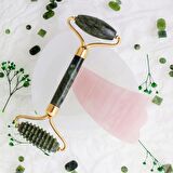 Yeşim Tırtıklı Roller ve Pembe Kuvars Kaz Ayağı Gua Sha Takımı