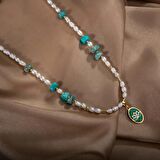 İnci-Amazonit Doğal Taş Gümüş Kolye