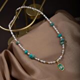 İnci-Amazonit Doğal Taş Gümüş Kolye