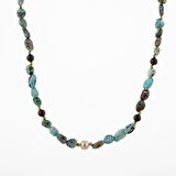 Larimar-Lal-Hematit-İnci-Ay Taşı Altın Kaplama Doğal Taş Kolye