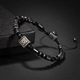 Siyah Turmalin-Hematit Doğal Taş Gümüş Erkek Bileklik