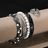 Havlit-Karlı Obsidyen-Hematit Doğal Taş Telkari Gümüş Bileklik Yüzük Seti