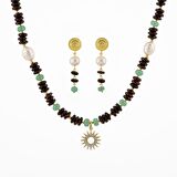 Hindistan Cevizi Kabuğu-Yeşil Aventurin-İnci Doğal Taş Gümüş Tasarım Kolye Küpe Seti - 54cm