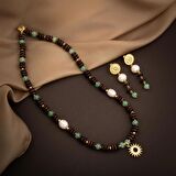 Hindistan Cevizi Kabuğu-Yeşil Aventurin-İnci Doğal Taş Gümüş Tasarım Kolye Küpe Seti - 54cm