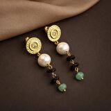 Hindistan Cevizi Kabuğu-Yeşil Aventurin-İnci Doğal Taş Gümüş Tasarım Kolye Küpe Seti - 54cm