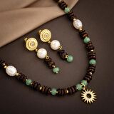 Hindistan Cevizi Kabuğu-Yeşil Aventurin-İnci Doğal Taş Gümüş Tasarım Kolye Küpe Seti - 54cm