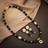 Hindistan Cevizi Kabuğu-Yeşil Aventurin-İnci Doğal Taş Gümüş Tasarım Kolye Küpe Seti - 54cm