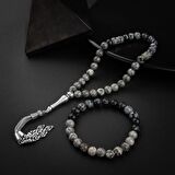 Gri Jasper-Karlı Obsidyen Doğal Taş Tesbih Bileklik Seti