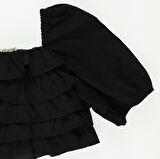 Panço Kız Çocuk Fırfırlı Poplin Bluz Siyah