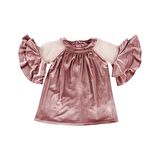 Panço Kız Çocuk Kolları Volan Detaylı Kadife Elbise Pembe
