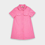 Kız Çocuk Cep Detaylı Gömlek Elbise Pembe