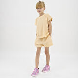 Kız Çocuk Özel Dokulu Kumaşlı Şortlu Takım Bej