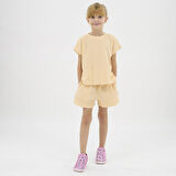 Kız Çocuk Özel Dokulu Kumaşlı Şortlu Takım Bej