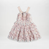 Kız Çocuk Çiçek Desenli Tül Elbise Pudra