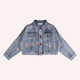 Kız Çocuk Desenli Denim Ceket Mavi