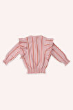 Kız Çocuk Çizgili, Fırfır Detaylı Sweatshirt Pembe
