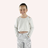 Kız Çocuk Kolları Pencere Detaylı T-Shirt Ekru