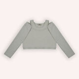 Kız Çocuk Kolları Pencere Detaylı T-Shirt Ekru