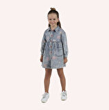 Kız Çocuk Desenli Denim Elbise Mavi