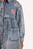 Kız Çocuk Desenli Denim Elbise Mavi