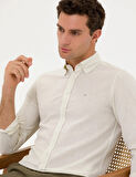 Erkek Keten Karışımlı Slim Fit Uzun Kollu Gömlek-Bej | 2XL
