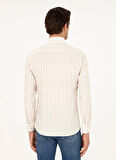 Cacharel Slim Fit Düğmeli Yaka Çizgili Bej Erkek Gömlek ABUJA