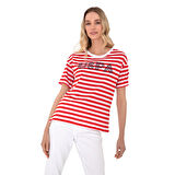 Kadın Kırmızı Çizgili Bisiklet Yaka Tişört