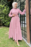 Düz Gömlek Yaka Kadın Pembe Elbise - 11492