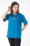 Düz Bisiklet Yaka Kadın Petrol Kısa Kollu Baskılı T-shirt - 24633
