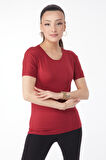 Düz Bisiklet Yaka Kadın Bordo Kısa Kollu Baskısız T-shirt - 24764