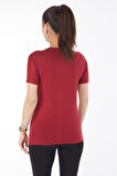 Düz Bisiklet Yaka Kadın Bordo Kısa Kollu Baskısız T-shirt - 24764