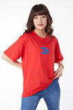 Düz Bisiklet Yaka Kadın Kırmızı Baskılı T-shirt - 25172